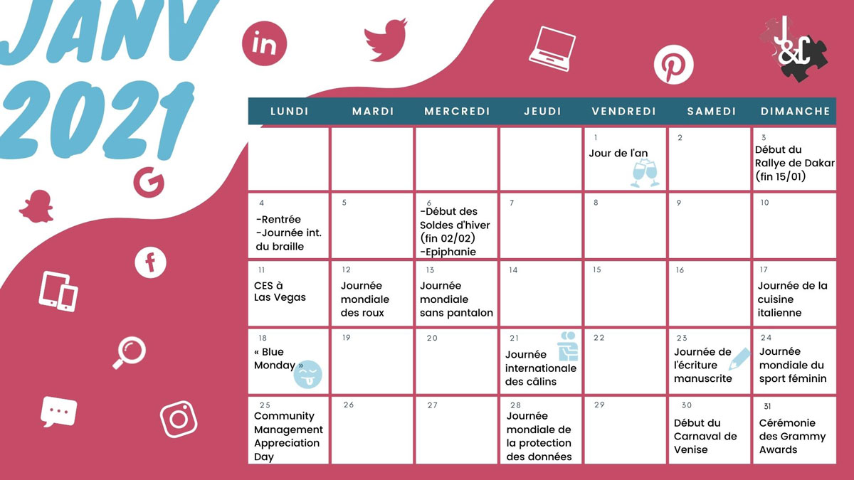 Découvrez tous les événements du mois de février grâce à votre calendrier marronnier janvier 2021 !