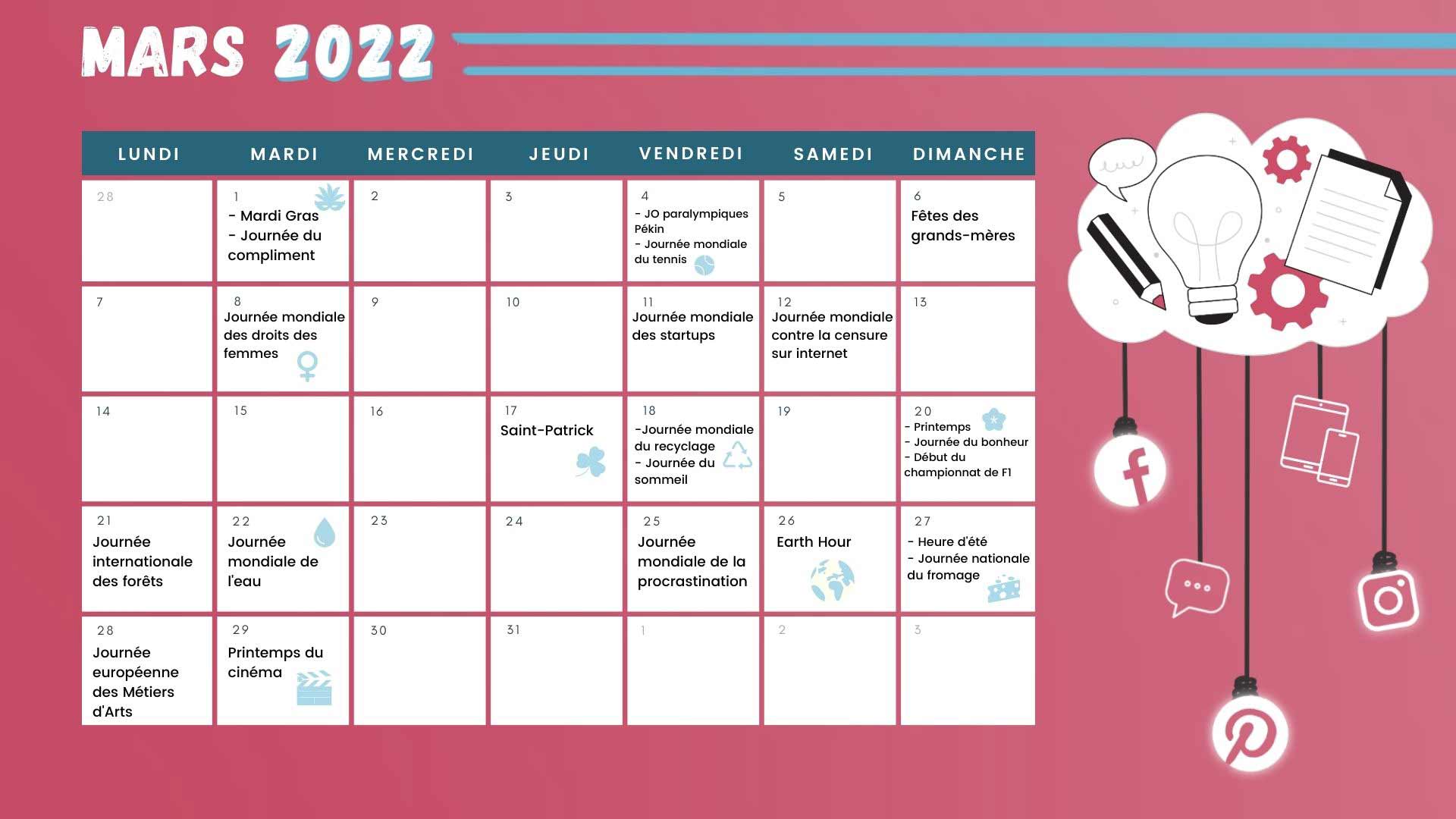 calendrier marketing mars 2022