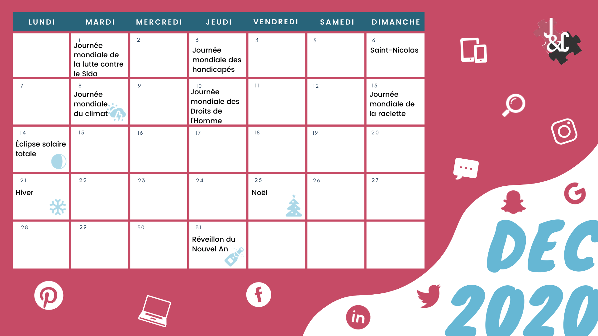 Retrouvez tous les événements du mois de décembre grâce à votre calendrier marketing 2020 !