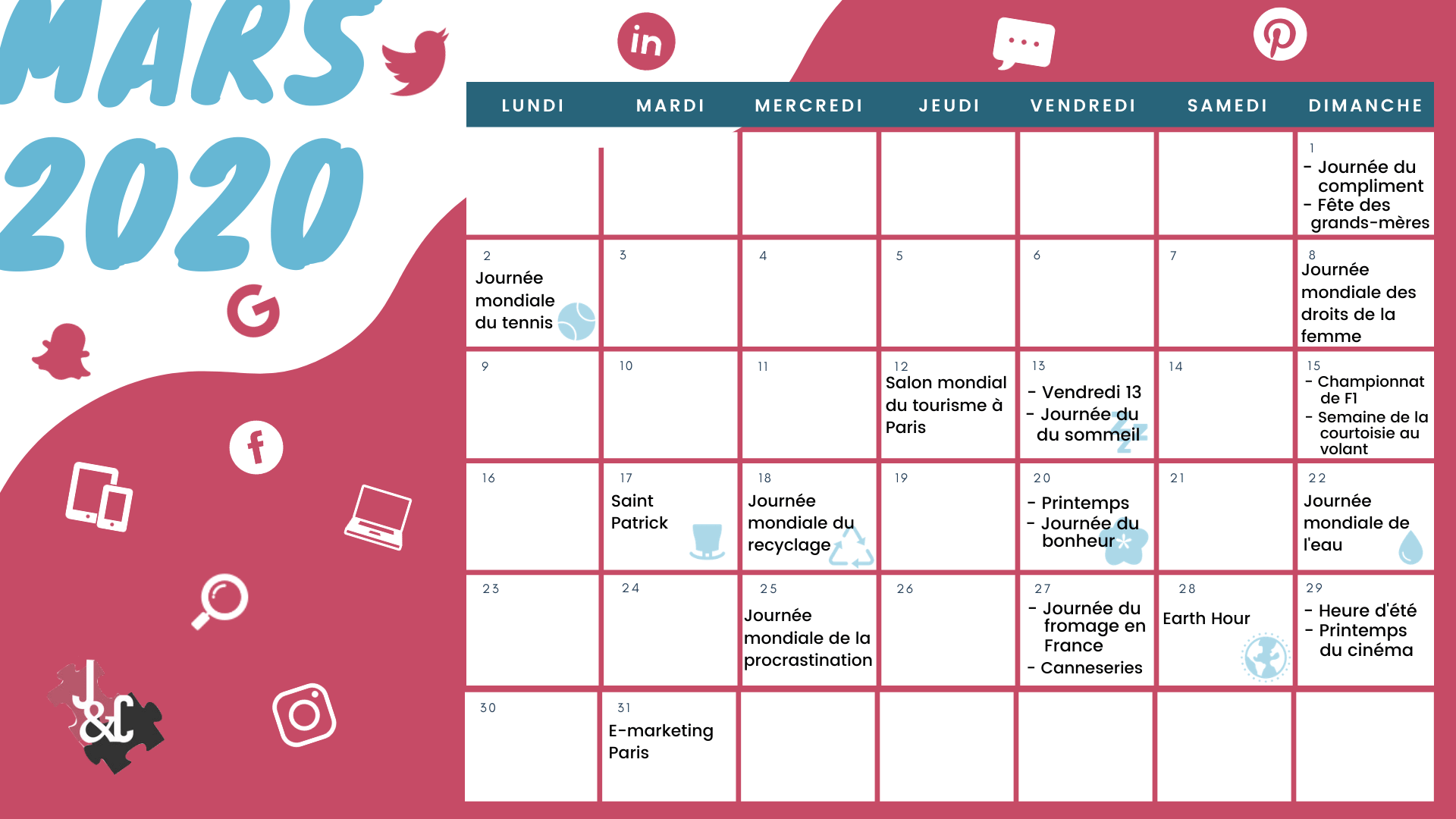Retrouvez tous les événements du mois de mars grâce à votre calendrier marketing 2020 !