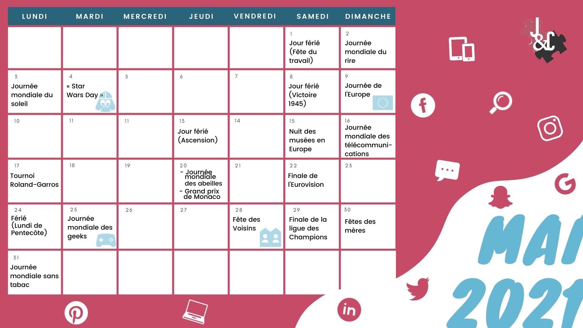 Découvrez l'intégralité des événements majeurs de mai grâce à votre calendrier marronnier mai 2021 !