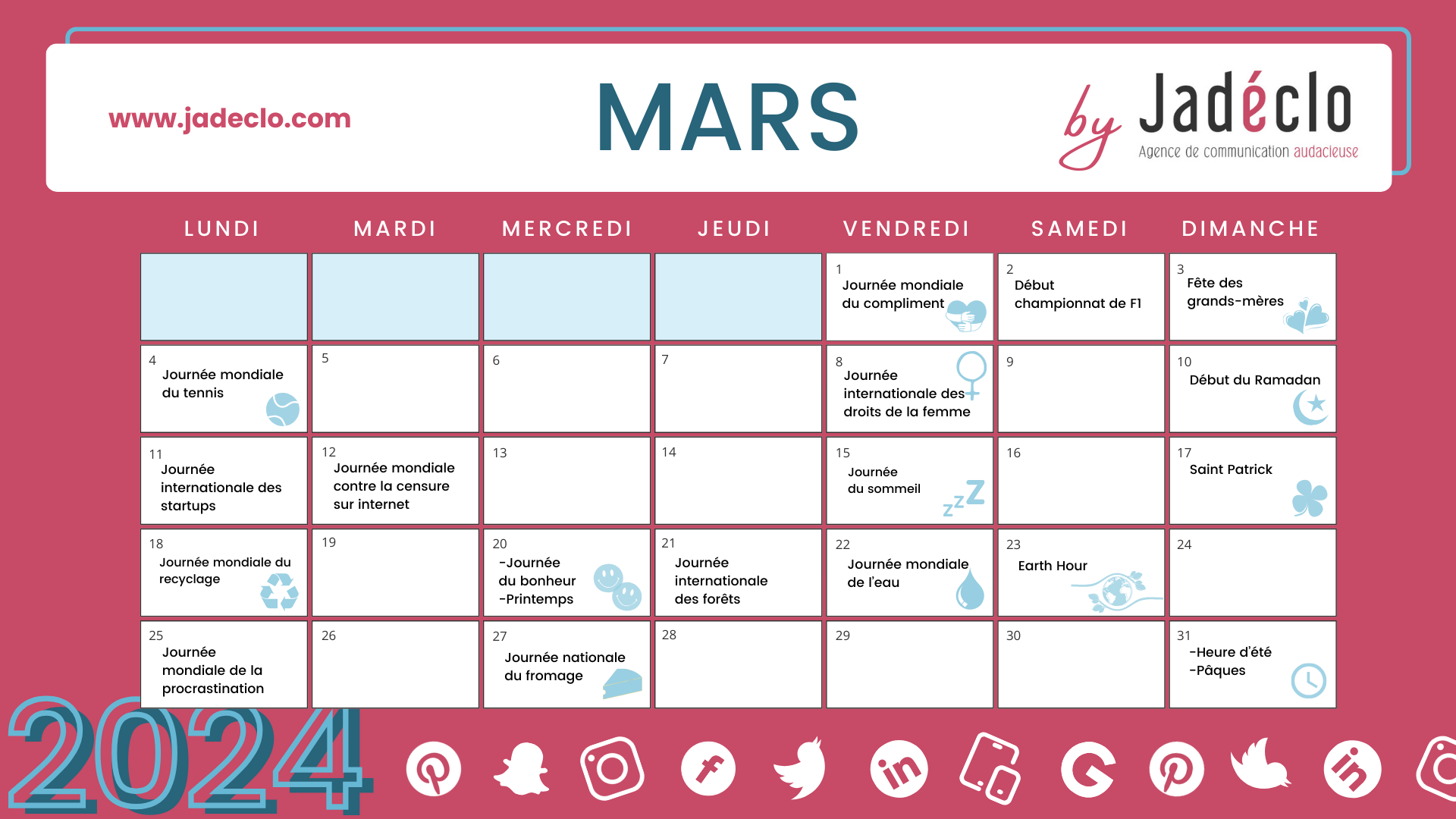 Retrouvez tous les événements clés du mois de mars grâce à votre calendrier marronnier mars 2024 !