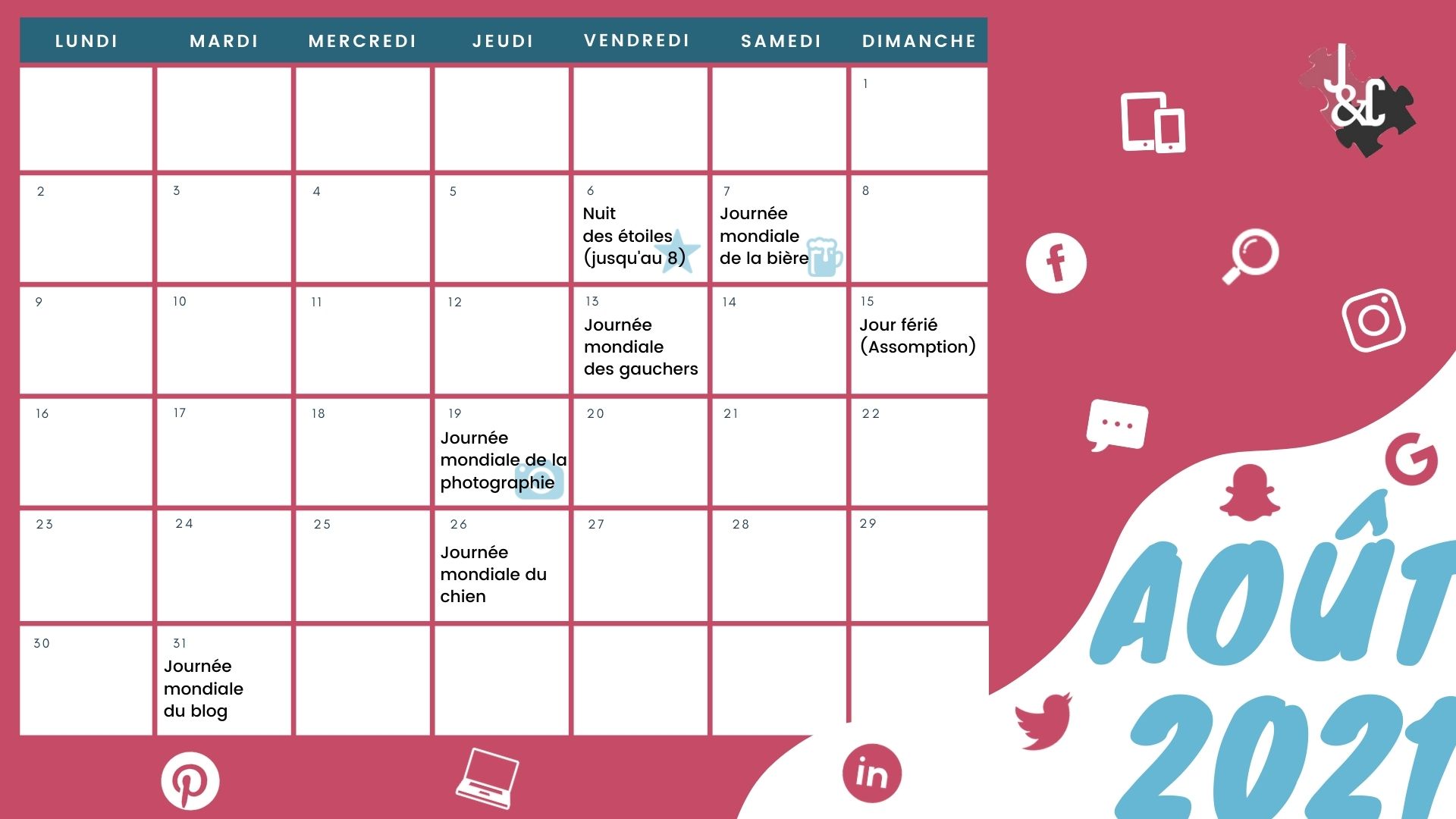 Retrouvez les événement du mois grâce à votre calendrier marronnier août 2021 !