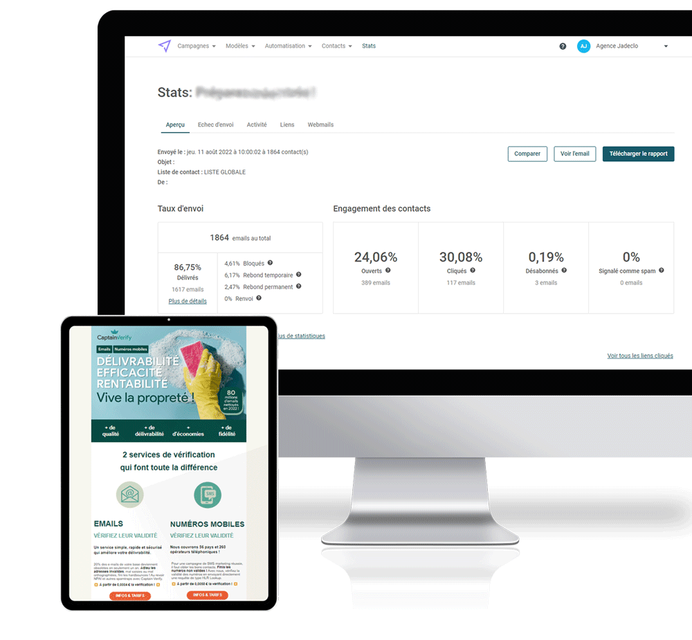 Exemple d'email marketing CaptainVerify et Tableau de bord Mailjet