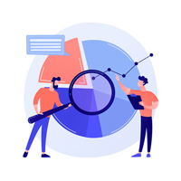 Schéma d'un diagramme circulaire et de deux hommes qui analysent des données