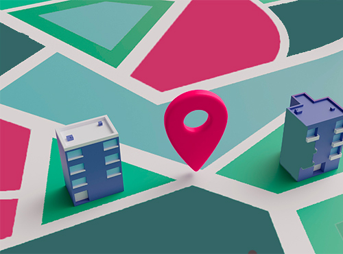Carte d'une ville avec une épingle indiquant un lieu.